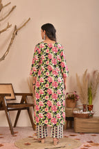 Floral Printed Straight Kurta Pant Dupatta Set with Neckline Handwork