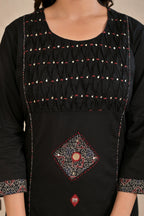 Women’s Straight Patchwork Kurta Pant Dupatta Set with Mirror Work