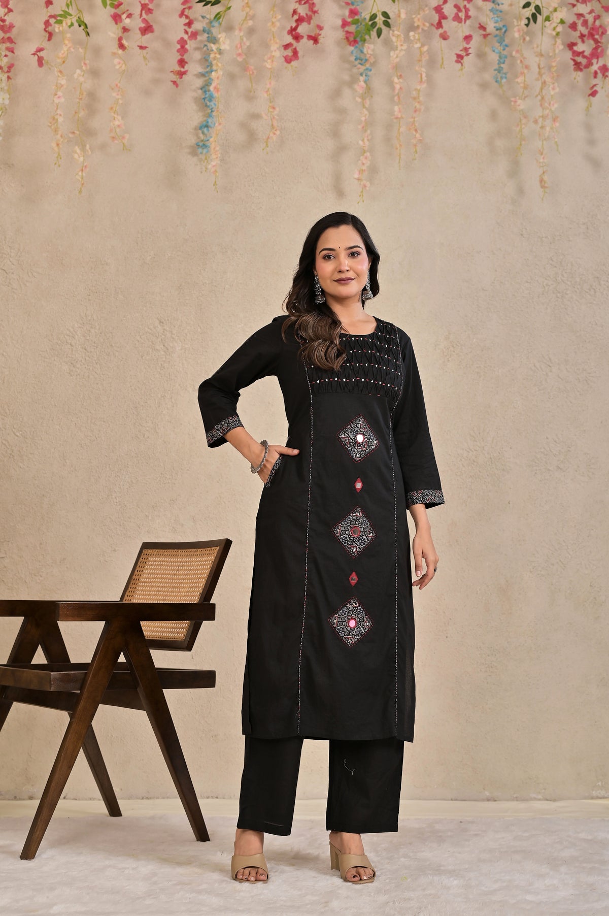 Women’s Straight Patchwork Kurta Pant Dupatta Set with Mirror Work