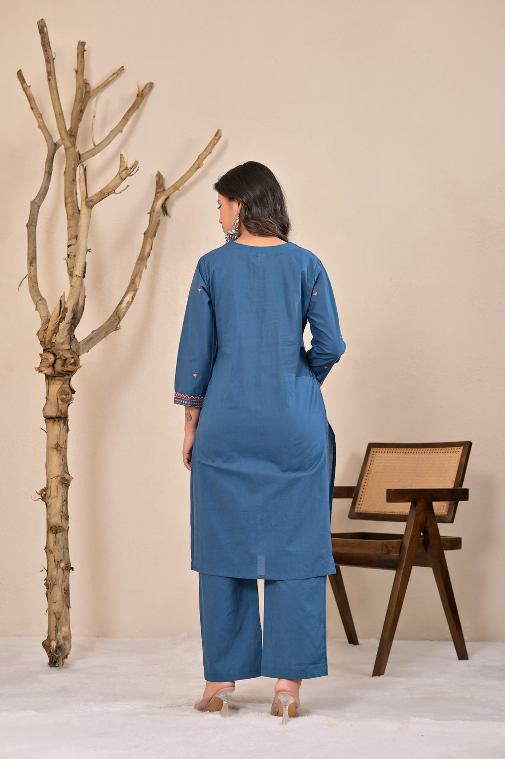 Women’s Straight Embroidered Kurta Pant Co-ord Set with V-Neck