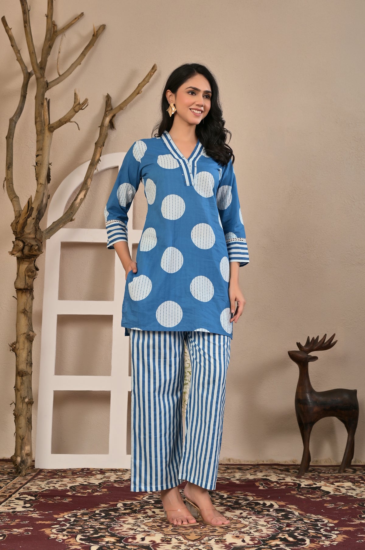 Women’s Geometric Printed Co-ord Set with Neckline Handwork