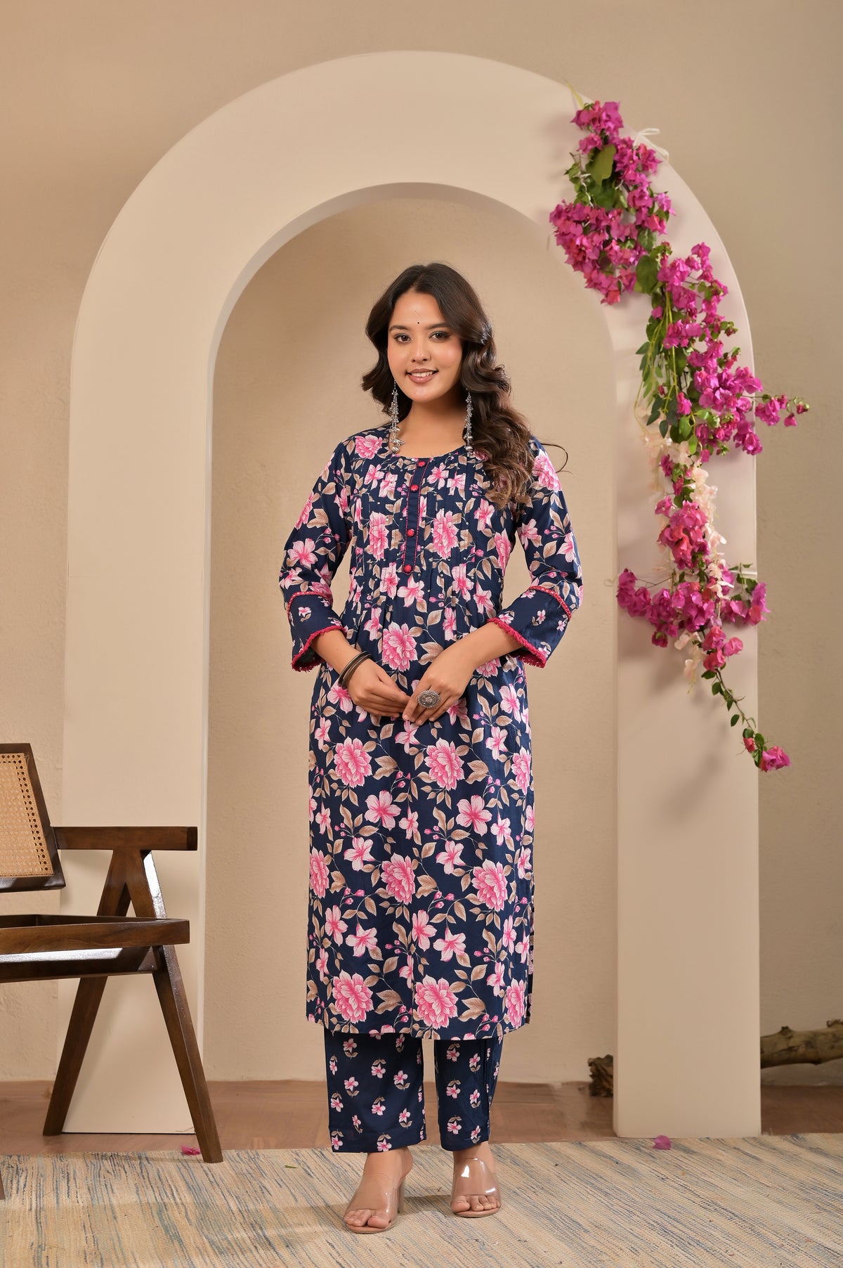 Women’s Floral A-Line Kurta Pant Dupatta Set with Handwork & Button Details