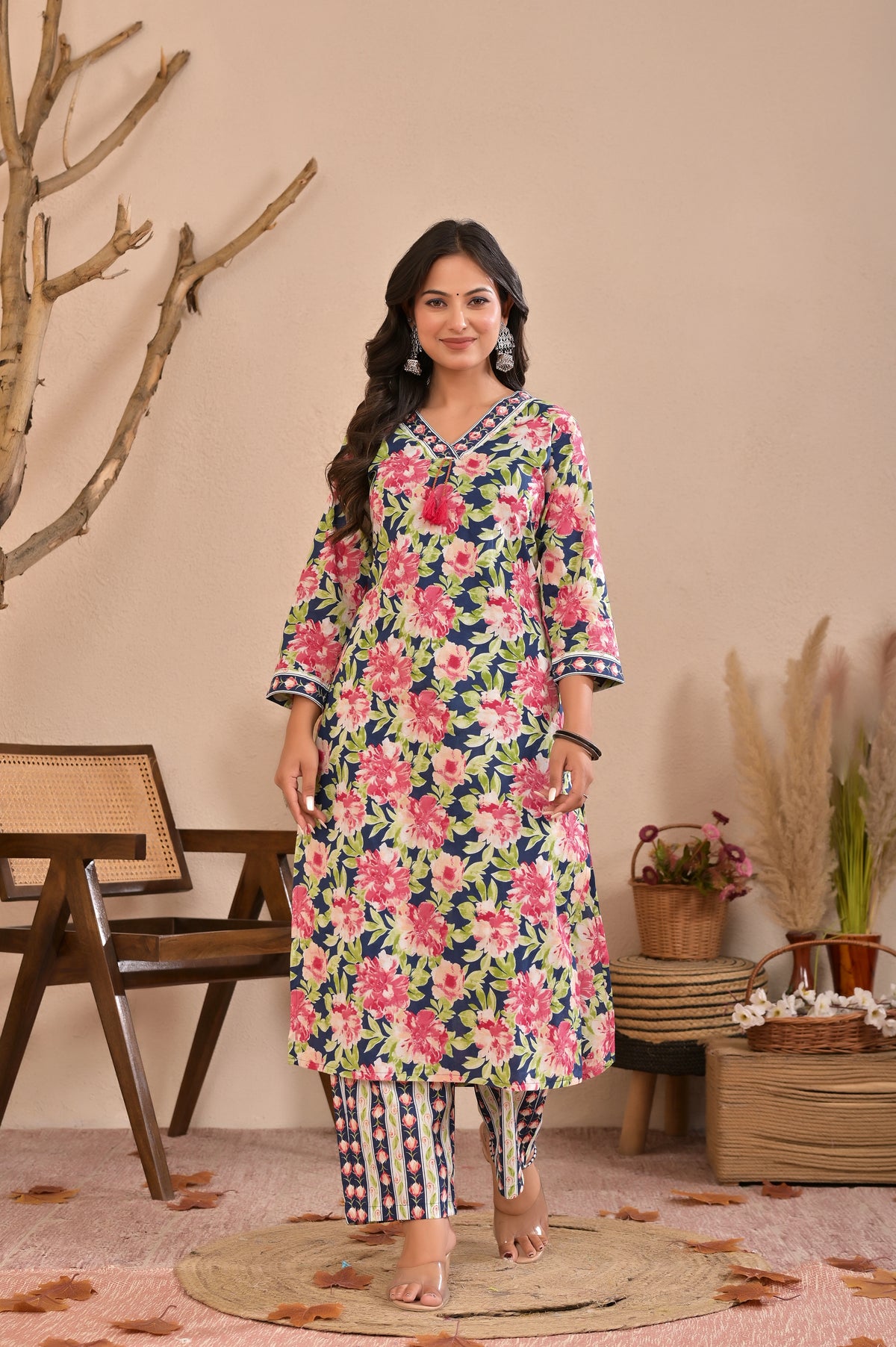 Floral Printed Straight Kurta Pant Dupatta Set with Neckline Handwork