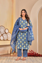 Women’s Floral Printed Straight Kurta Set with Neckline Handwork & Pintucks
