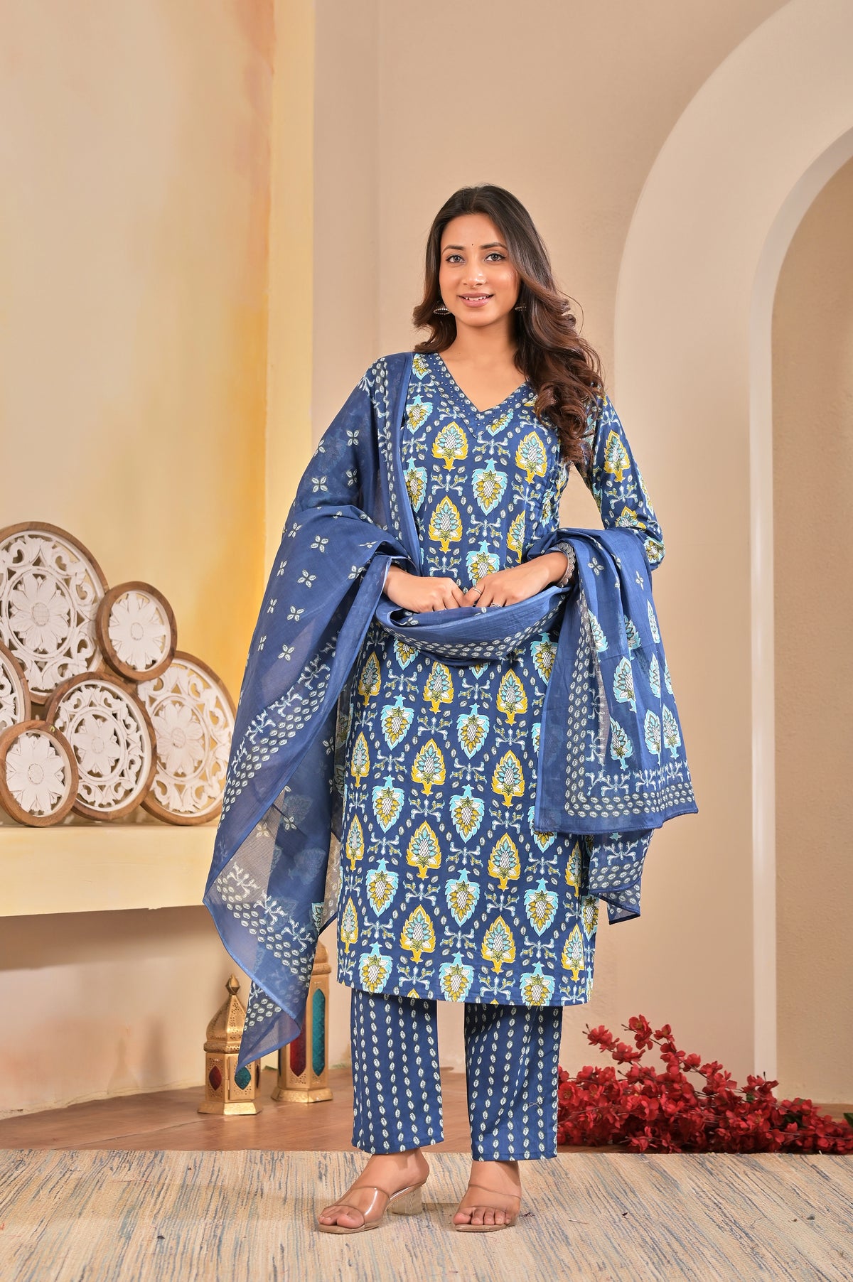 Women’s Floral Printed Straight Kurta Set with Neckline Handwork & Pintucks