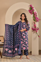 Women’s Floral A-Line Kurta Pant Dupatta Set with Handwork & Button Details