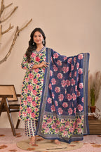 Floral Printed Straight Kurta Pant Dupatta Set with Neckline Handwork