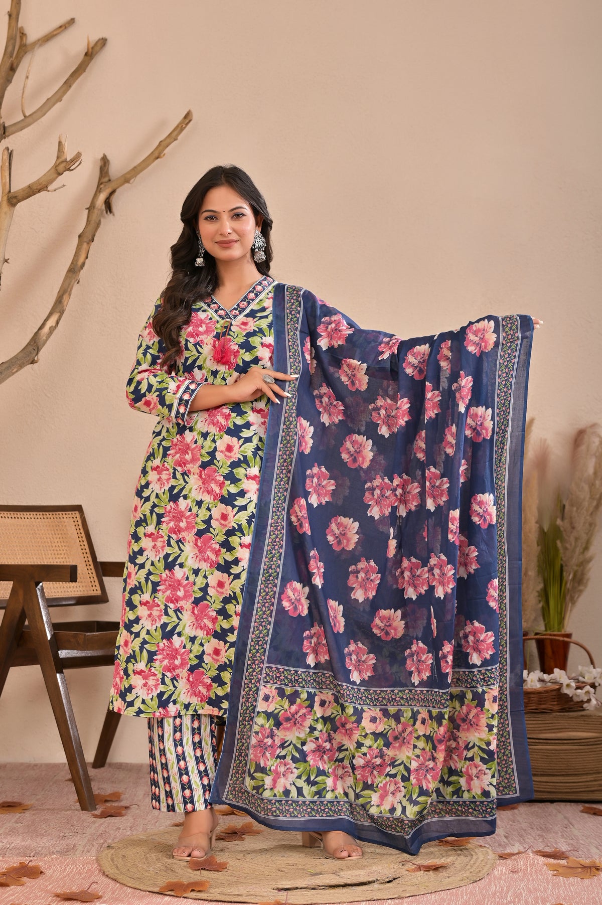 Floral Printed Straight Kurta Pant Dupatta Set with Neckline Handwork