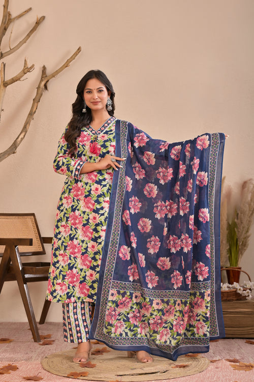 Floral Printed Straight Kurta Pant Dupatta Set with Neckline Handwork