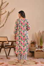 Floral Printed Straight Kurta Pant Dupatta Set with Neckline Handwork