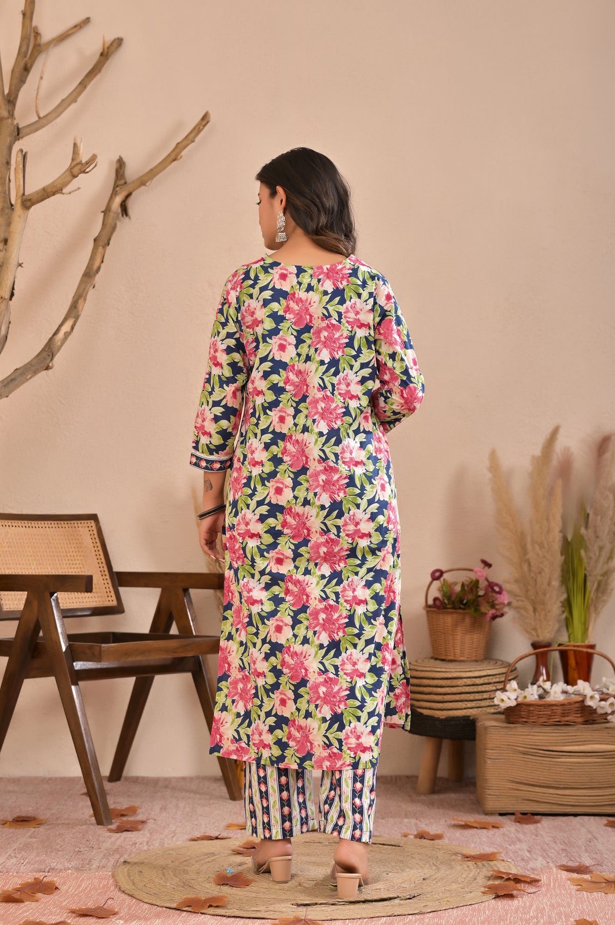Floral Printed Straight Kurta Pant Dupatta Set with Neckline Handwork