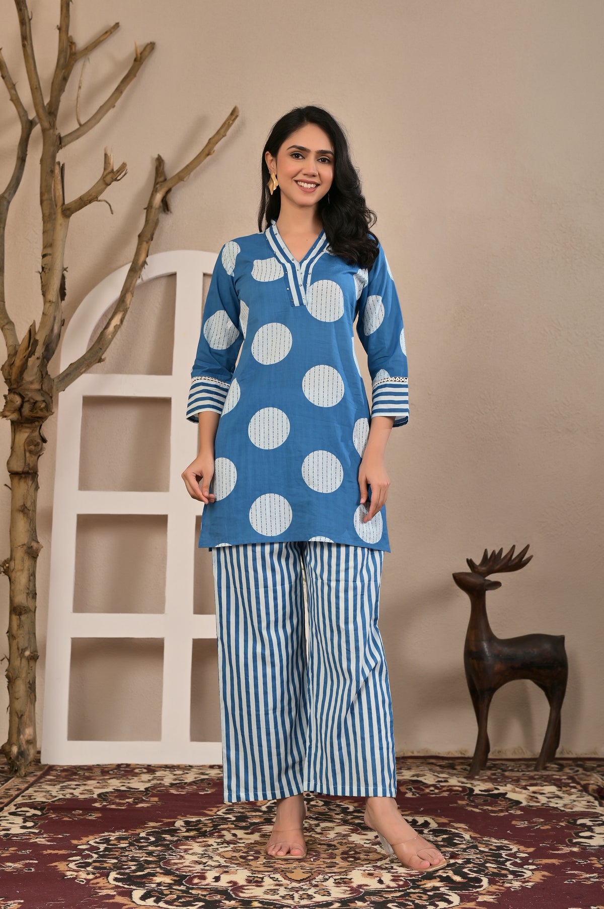 Women’s Geometric Printed Co-ord Set with Neckline Handwork