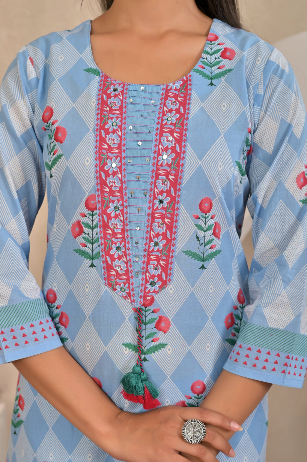 Women’s Panel Printed Kurta Set with Pin Tucks, Neckline Handwork & Tassels