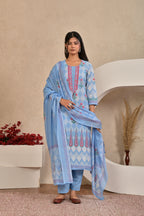 Women’s Panel Printed Kurta Set with Pin Tucks, Neckline Handwork & Tassels