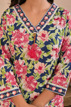 Floral Printed Straight Kurta Pant Dupatta Set with Neckline Handwork