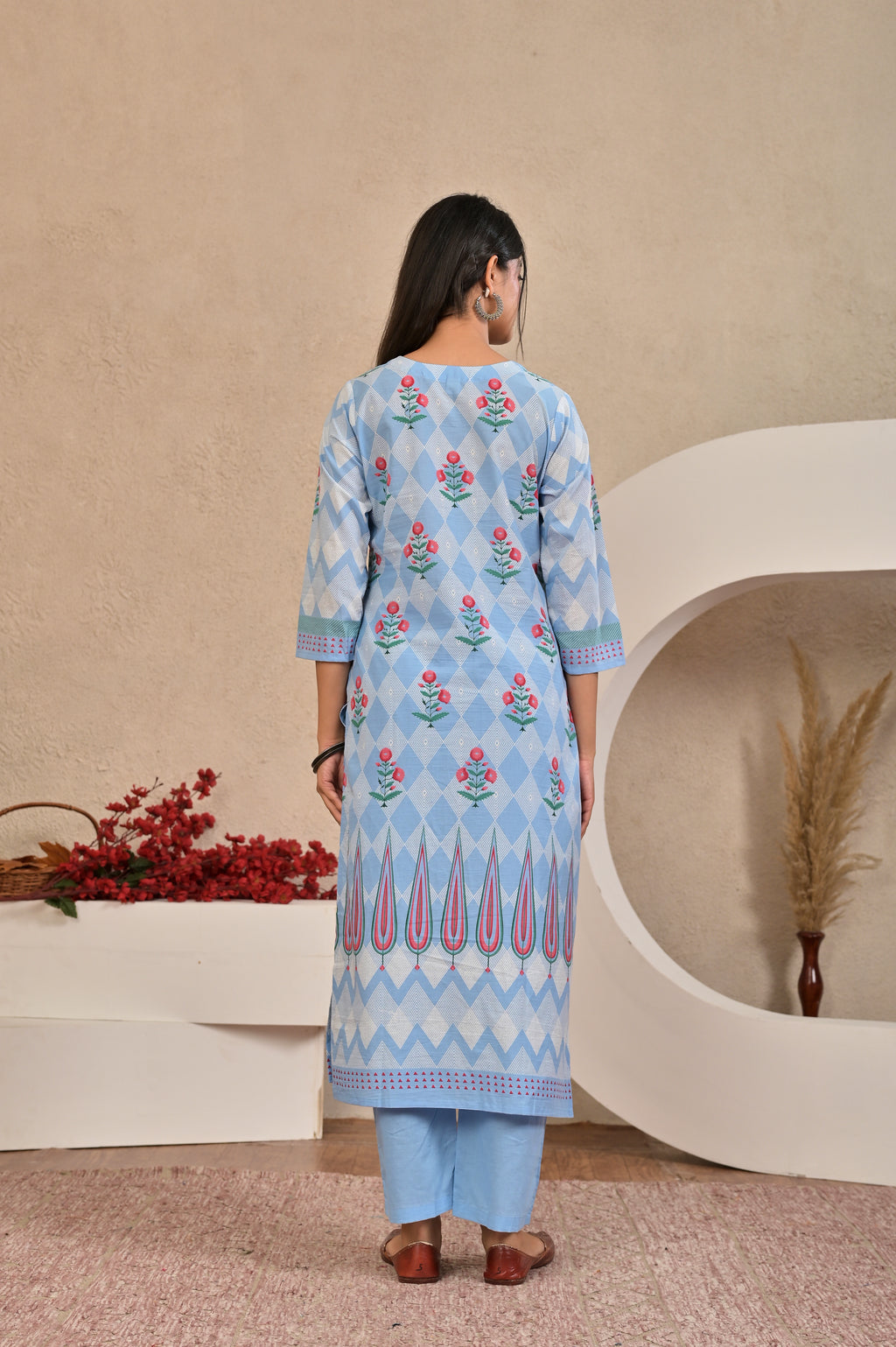 Women’s Panel Printed Kurta Set with Pin Tucks, Neckline Handwork & Tassels