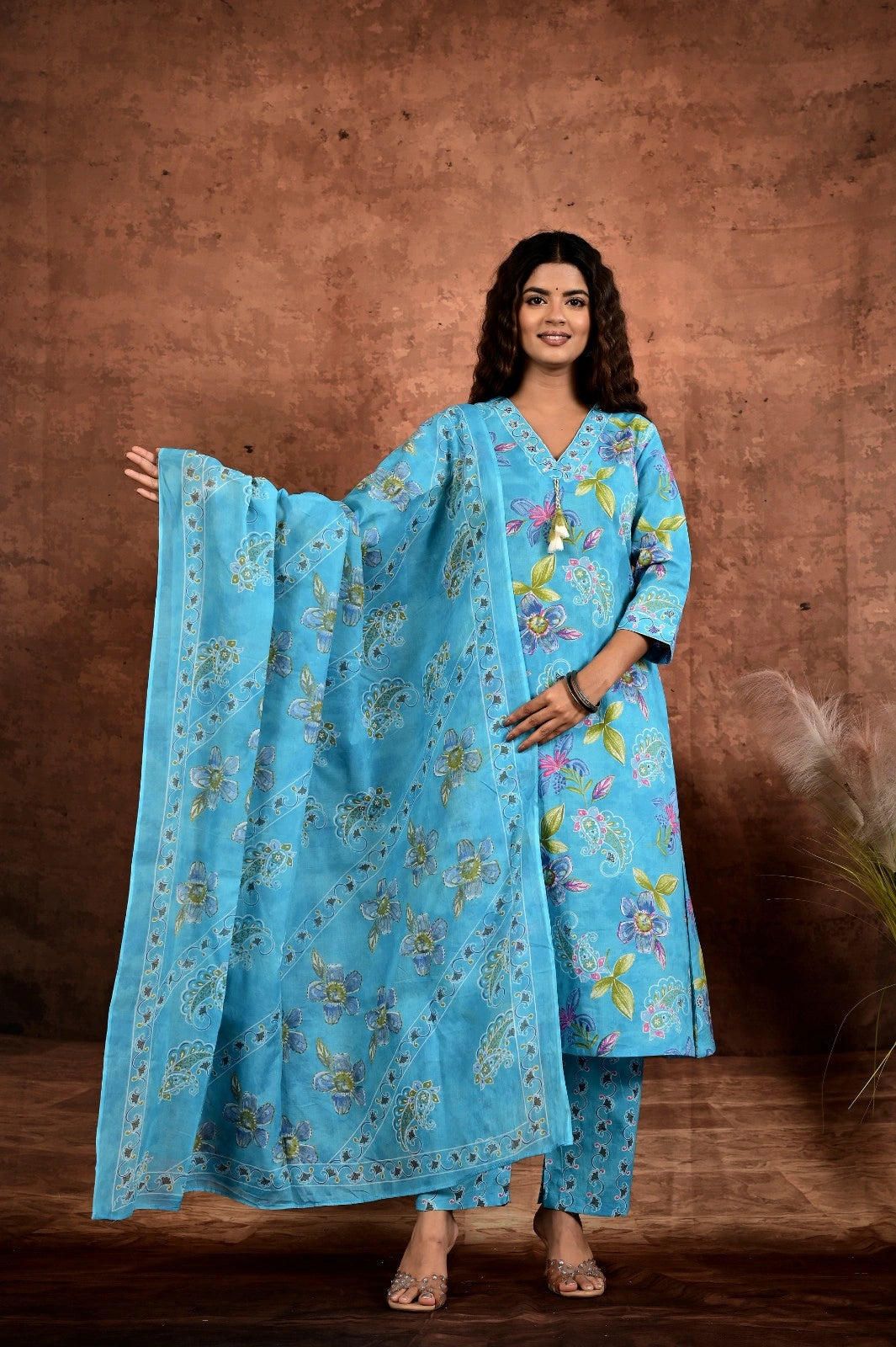 Women’s Printed A-Line Kurta Pant Dupatta Set with Heavy Neckline Handwork & Tassels