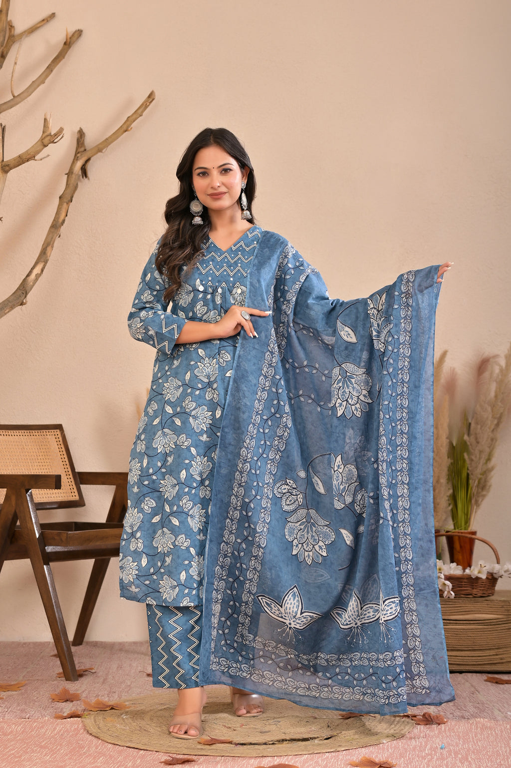 Women’s Straight Printed Kurta Pant Dupatta Set with Handworked Yoke & Tassels