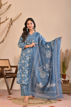 Women’s Straight Printed Kurta Pant Dupatta Set with Handworked Yoke & Tassels