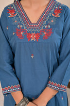 Women’s Straight Embroidered Kurta Pant Co-ord Set with V-Neck