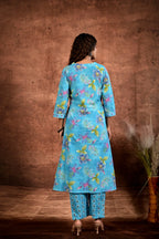 Women’s Printed A-Line Kurta Pant Dupatta Set with Heavy Neckline Handwork & Tassels