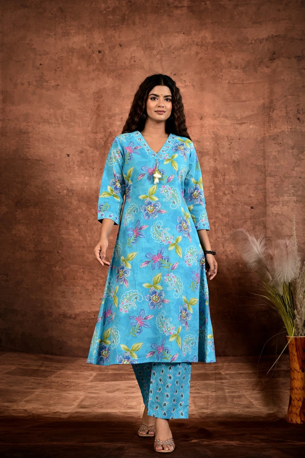 Women’s Printed A-Line Kurta Pant Dupatta Set with Heavy Neckline Handwork & Tassels