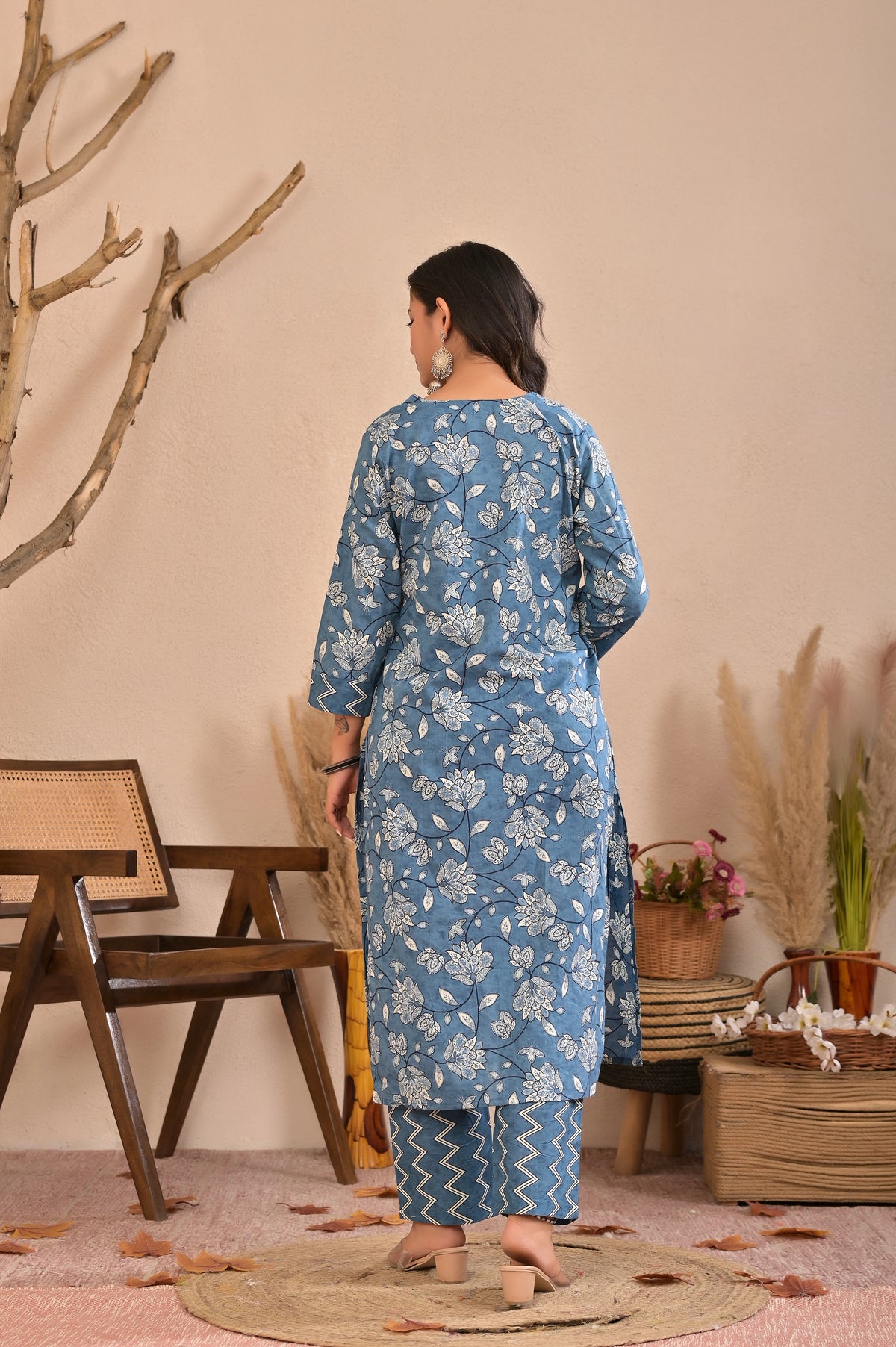 Women’s Straight Printed Kurta Pant Dupatta Set with Handworked Yoke & Tassels