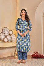 Women’s Floral Printed Straight Kurta Set with Neckline Handwork & Pintucks