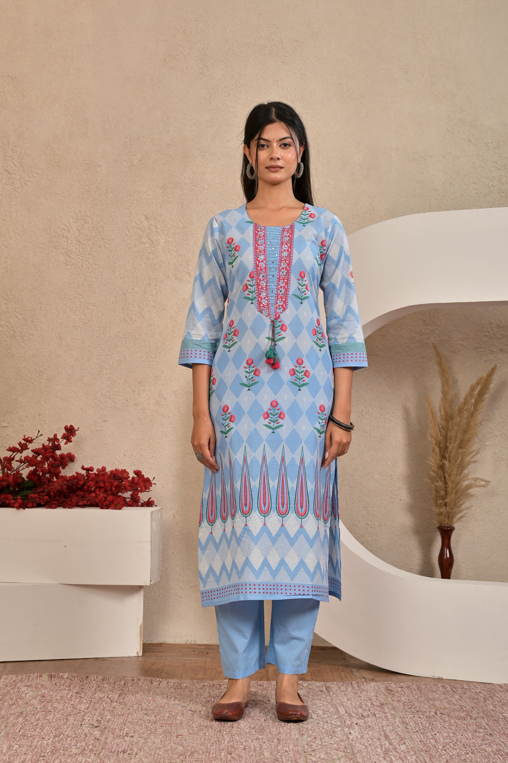 Women’s Panel Printed Kurta Set with Pin Tucks, Neckline Handwork & Tassels