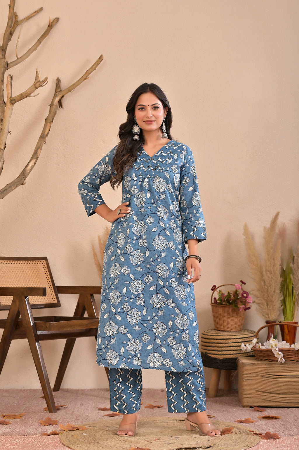 Women’s Straight Printed Kurta Pant Dupatta Set with Handworked Yoke & Tassels