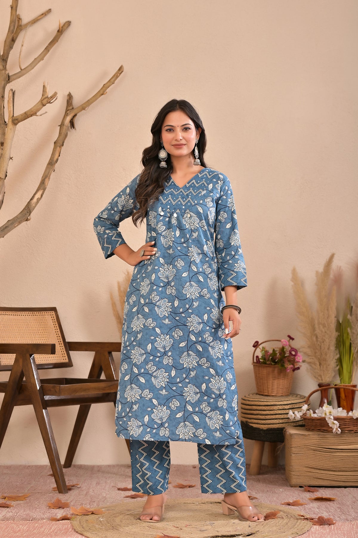 Women’s Straight Printed Kurta Pant Dupatta Set with Handworked Yoke & Tassels