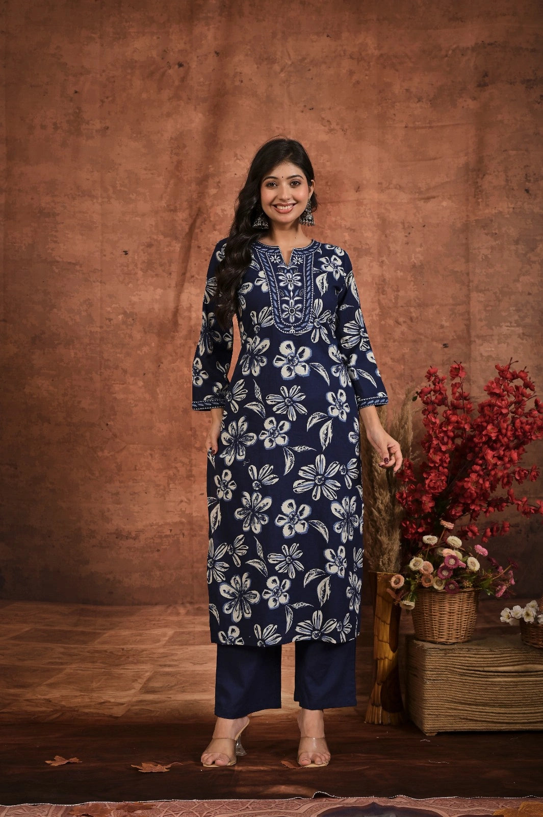 Women’s Printed Straight Kurta Set with Embroidered Yoke
