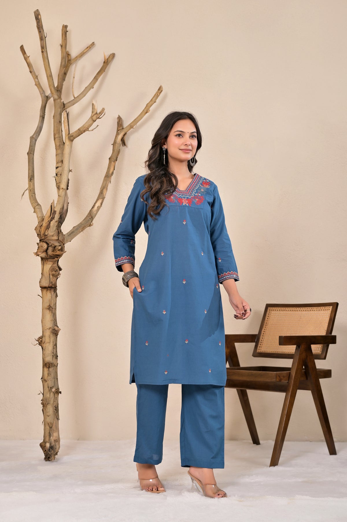 Women’s Straight Embroidered Kurta Pant Co-ord Set with V-Neck
