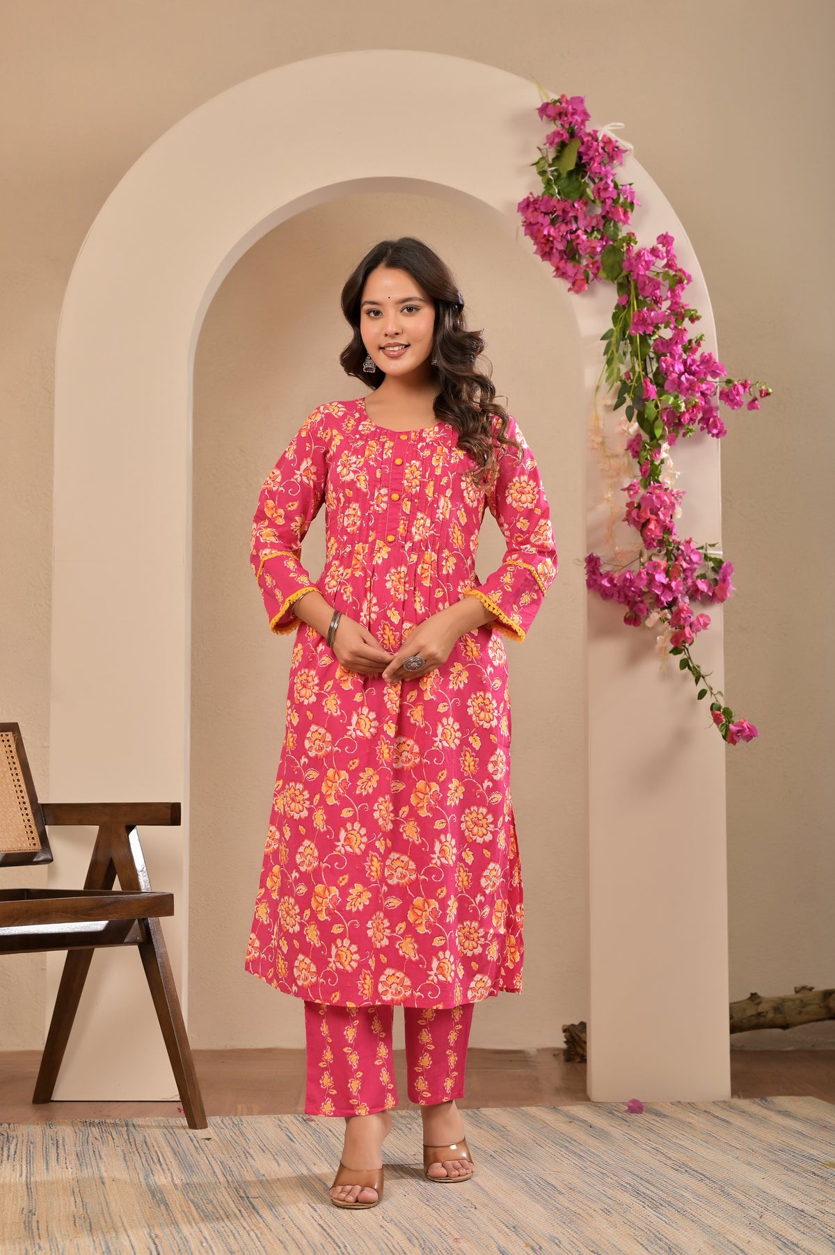 Women’s A-Line Printed Kurta Pant Dupatta Set with Handwork & Button Detail