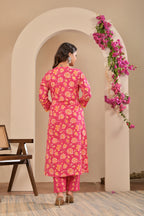Women’s A-Line Printed Kurta Pant Dupatta Set with Handwork & Button Detail