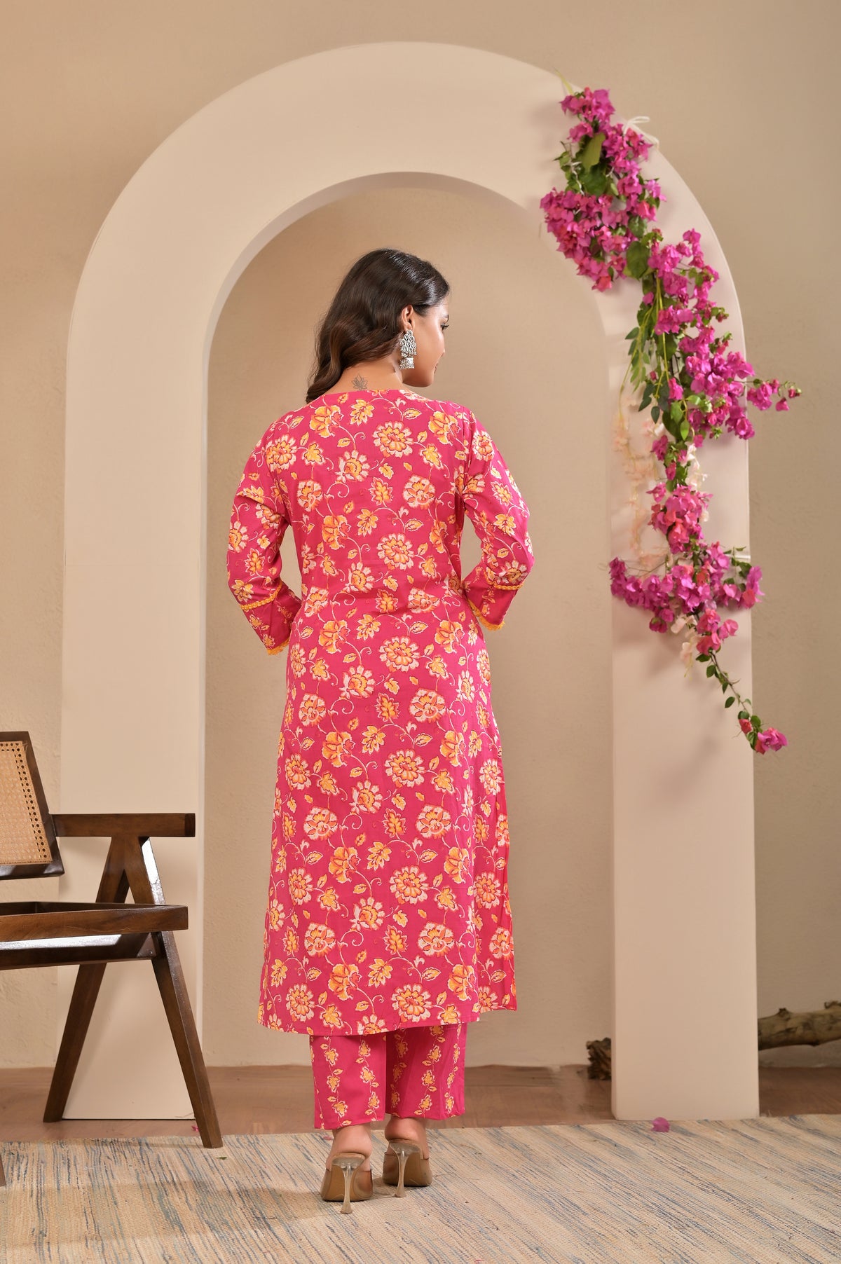 Women’s A-Line Printed Kurta Pant Dupatta Set with Handwork & Button Detail