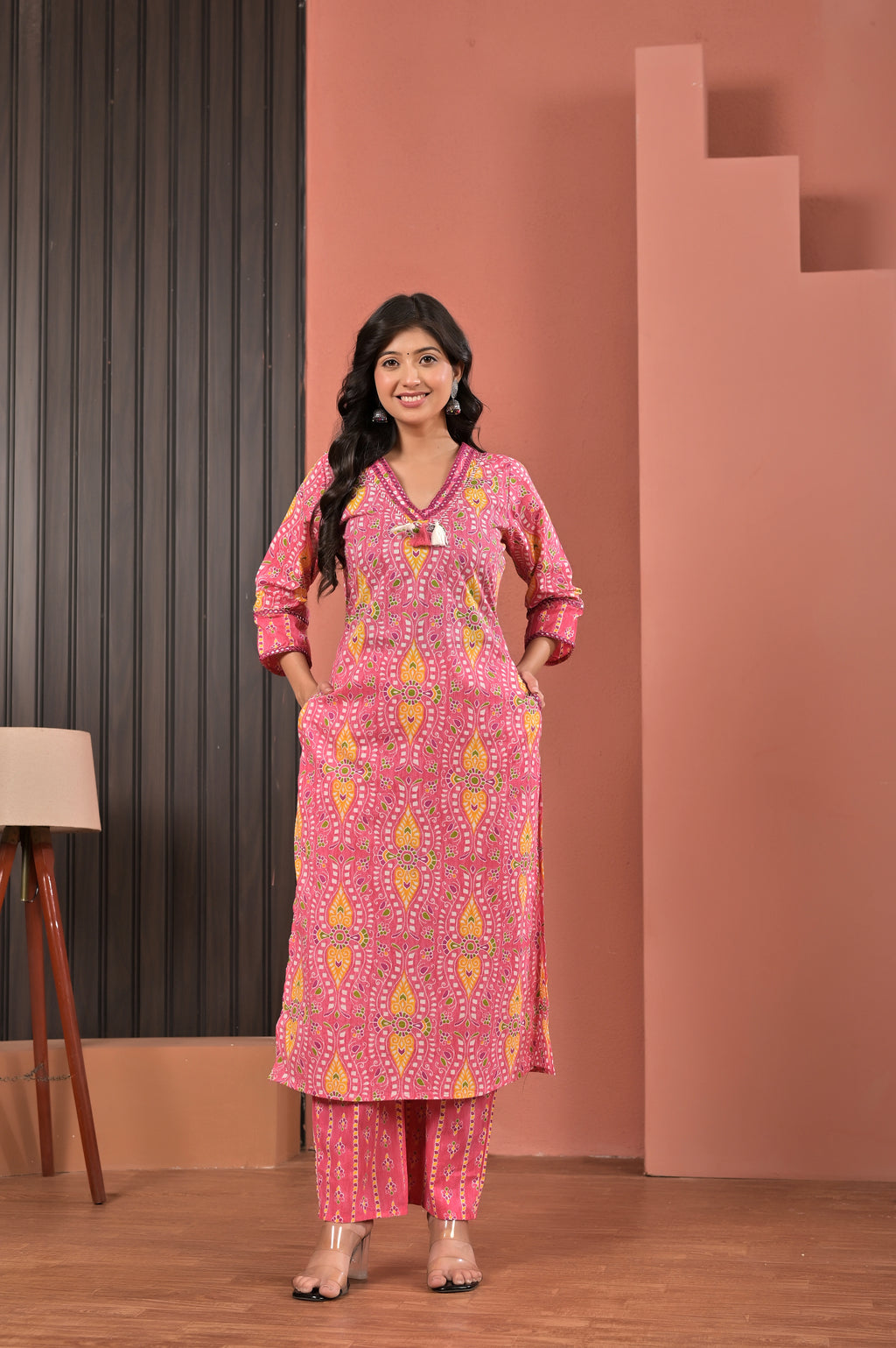 Women’s Straight Printed Kurta Pant Dupatta Set with Neckline Embroidery & Tassels