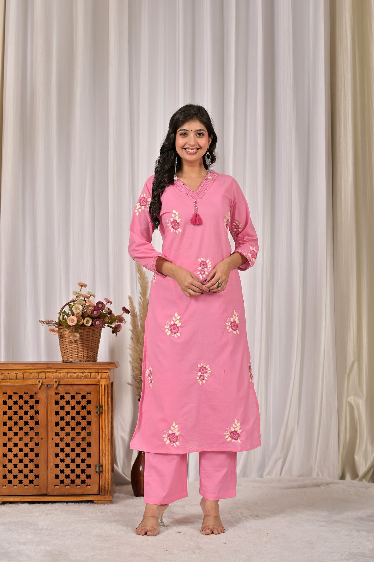 Women’s Embroidered Kurta Set with V-Neckline & Tassel Detailing