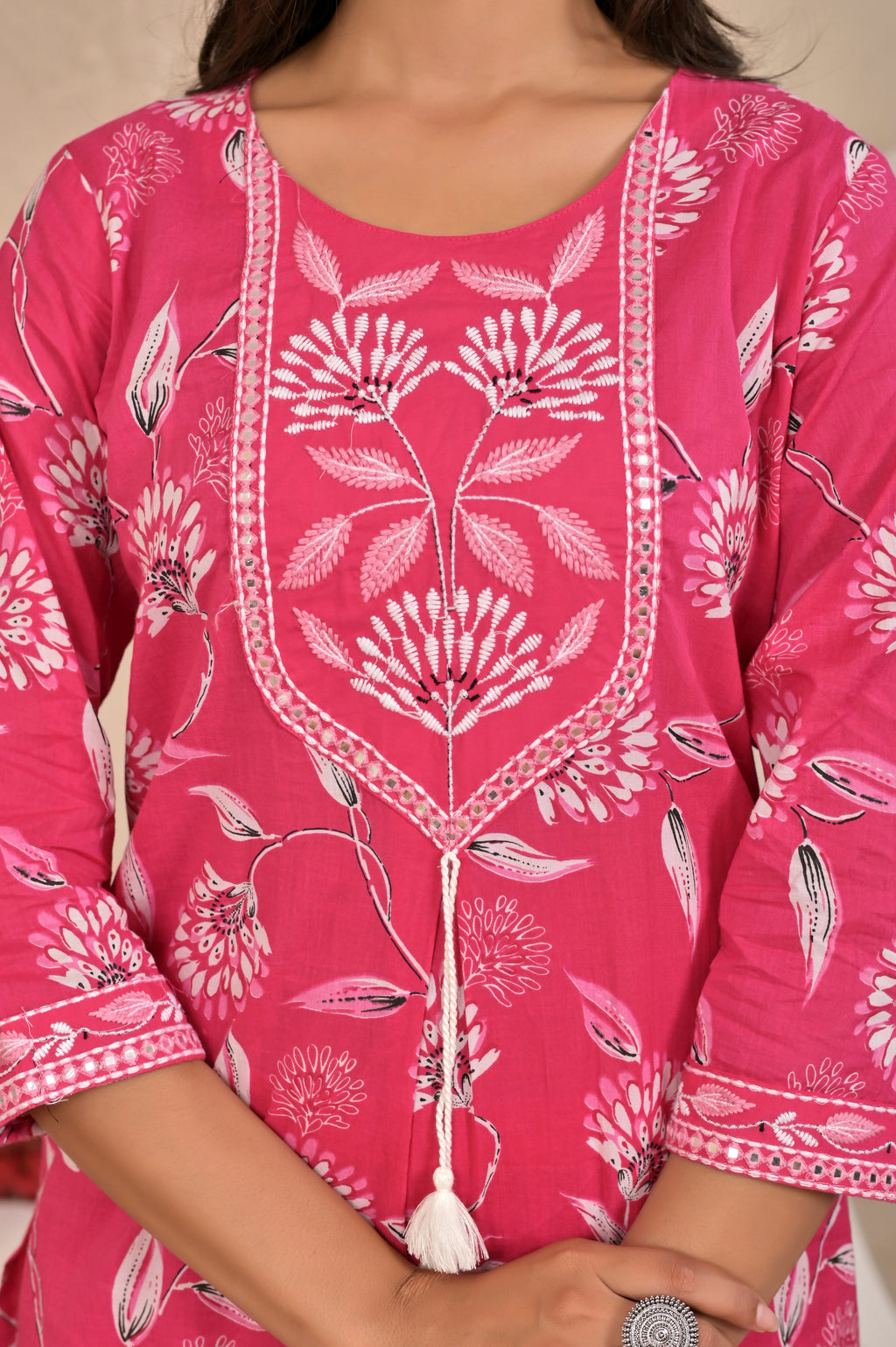 Women’s Straight Printed Kurta Set with Embroidered Yoke & Tassels