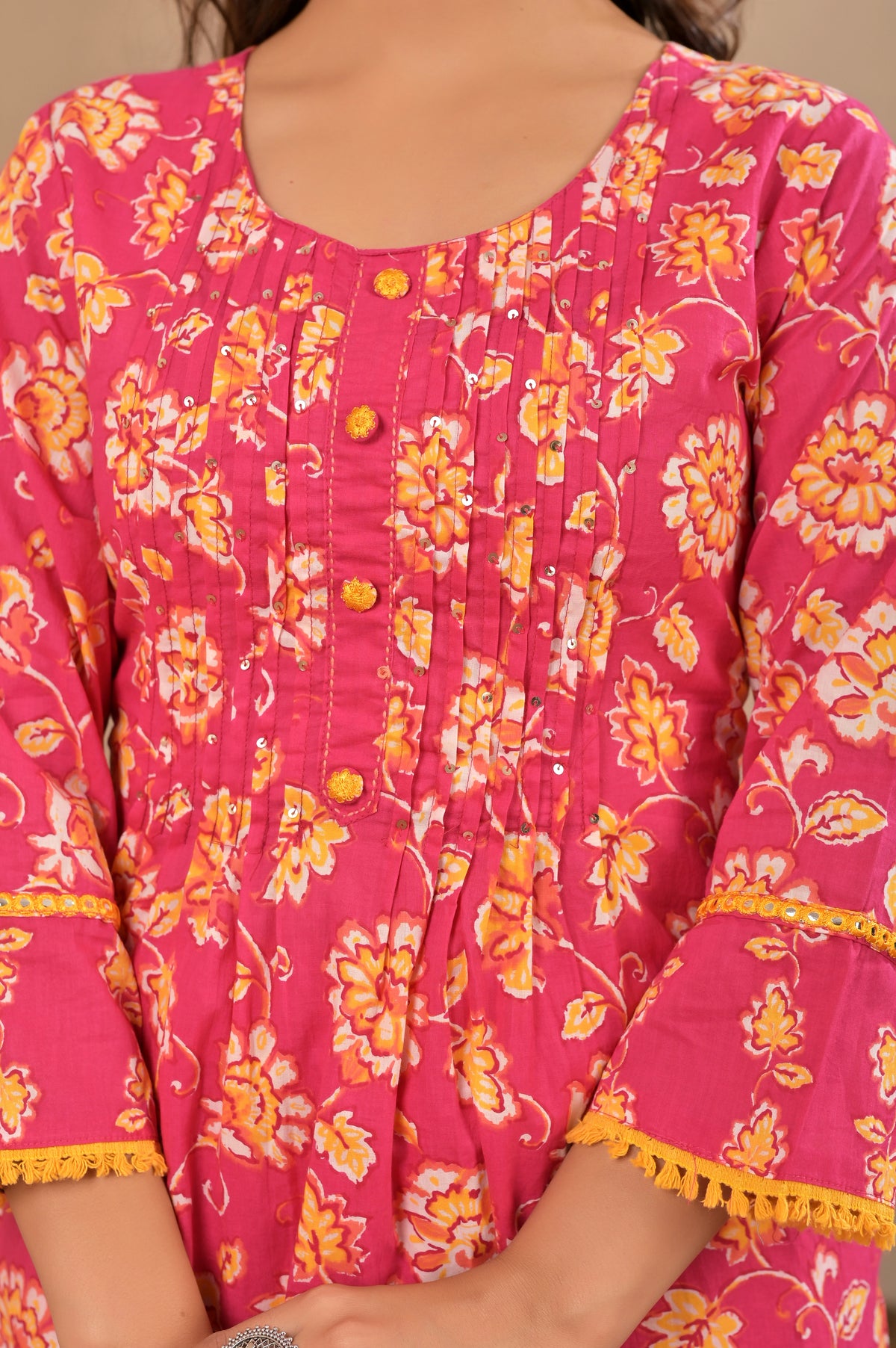 Women’s A-Line Printed Kurta Pant Dupatta Set with Handwork & Button Detail