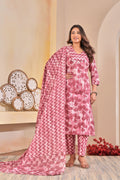 Women’s Printed A-Line Kurta Pant Dupatta Set with Handworked Neckline
