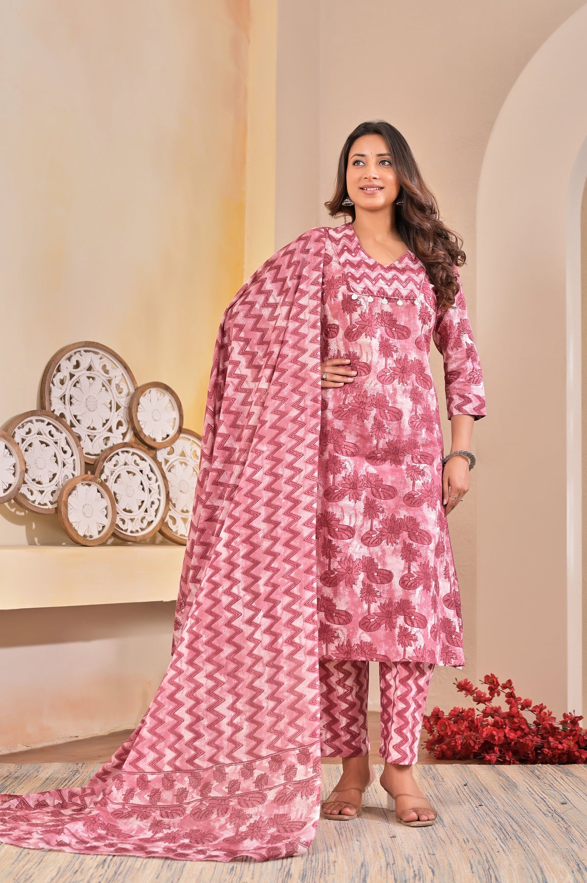 Women’s Printed A-Line Kurta Pant Dupatta Set with Handworked Neckline