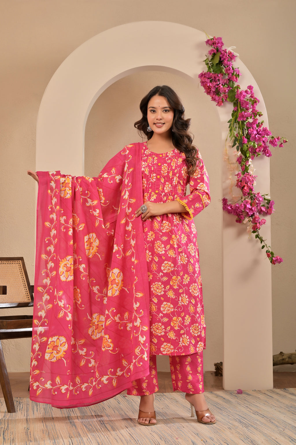 Women’s A-Line Printed Kurta Pant Dupatta Set with Handwork & Button Detail
