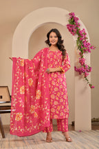 Women’s A-Line Printed Kurta Pant Dupatta Set with Handwork & Button Detail