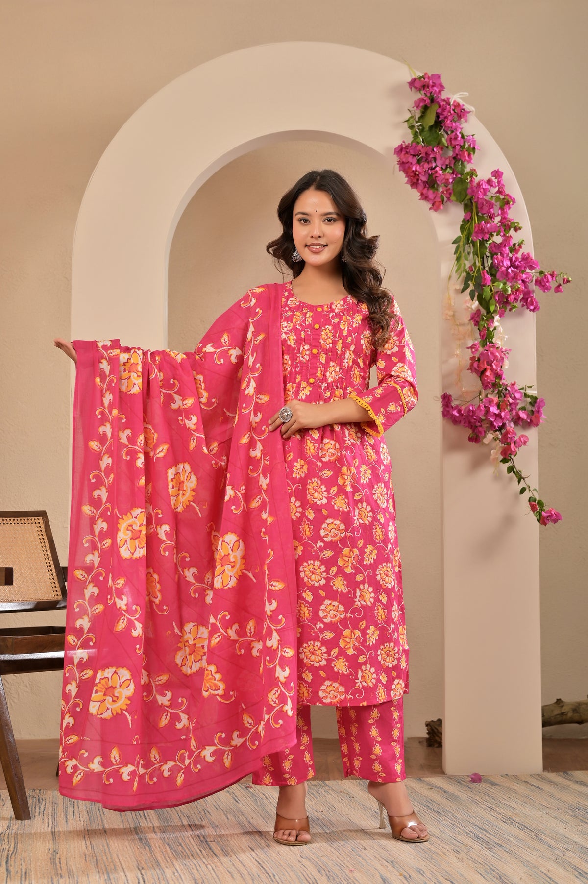 Women’s A-Line Printed Kurta Pant Dupatta Set with Handwork & Button Detail