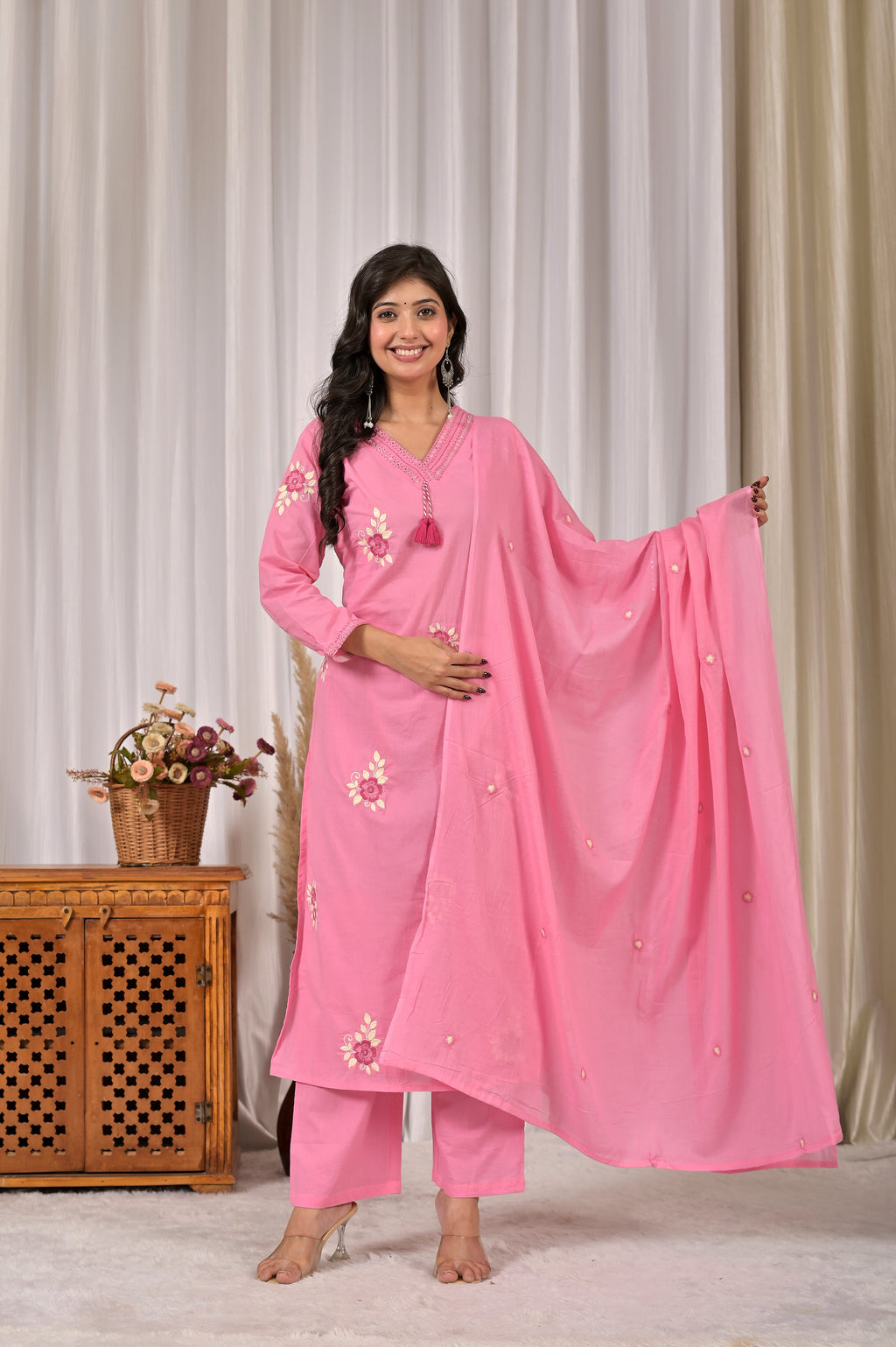 Women’s Embroidered Kurta Set with V-Neckline & Tassel Detailing