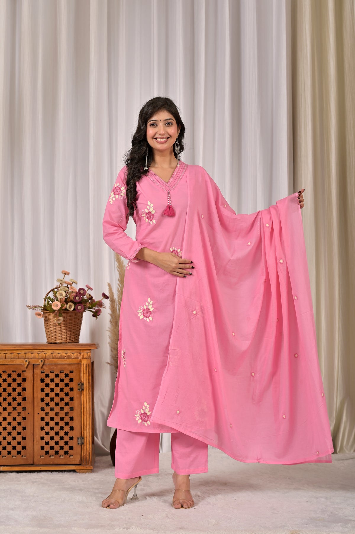 Women’s Embroidered Kurta Set with V-Neckline & Tassel Detailing