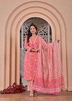 Floral Printed Kurta Pant Dupatta Set with Heavy Neck Handwork