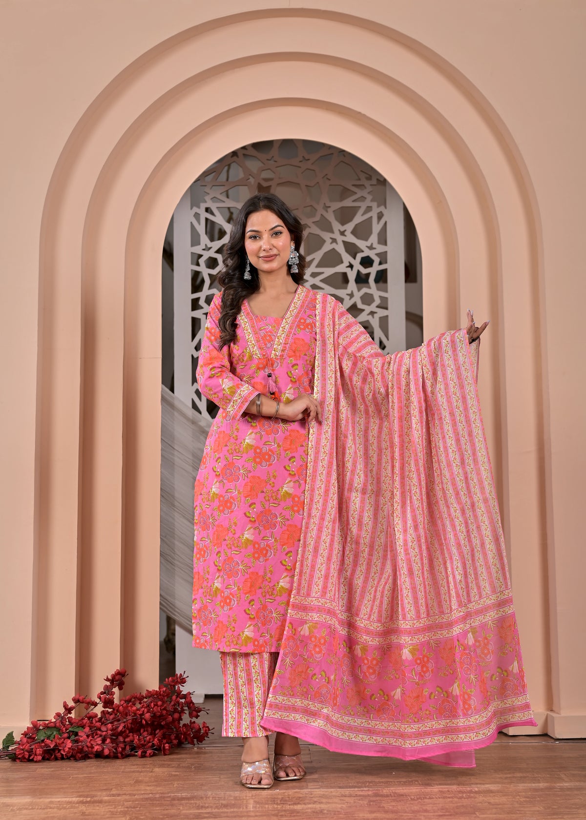 Floral Printed Kurta Pant Dupatta Set with Heavy Neck Handwork