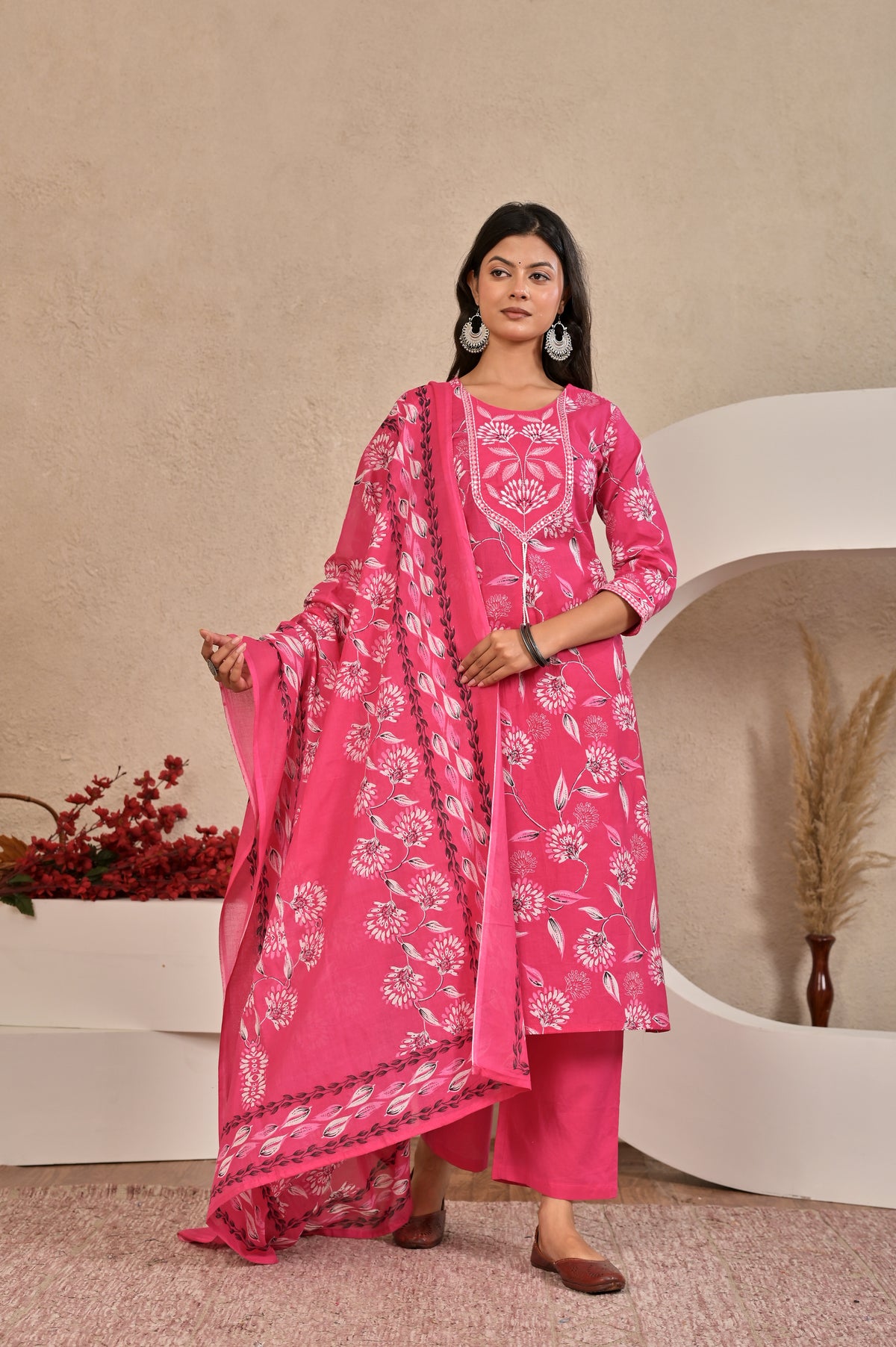 Women’s Straight Printed Kurta Set with Embroidered Yoke & Tassels
